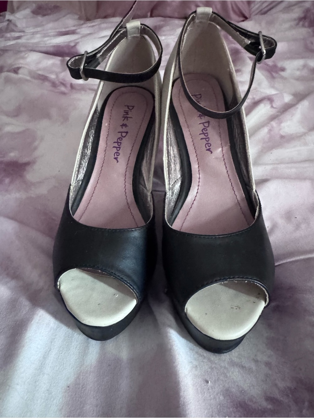 Pink & Pepper Black Peep-Toe Ankle Strap platform Heels
